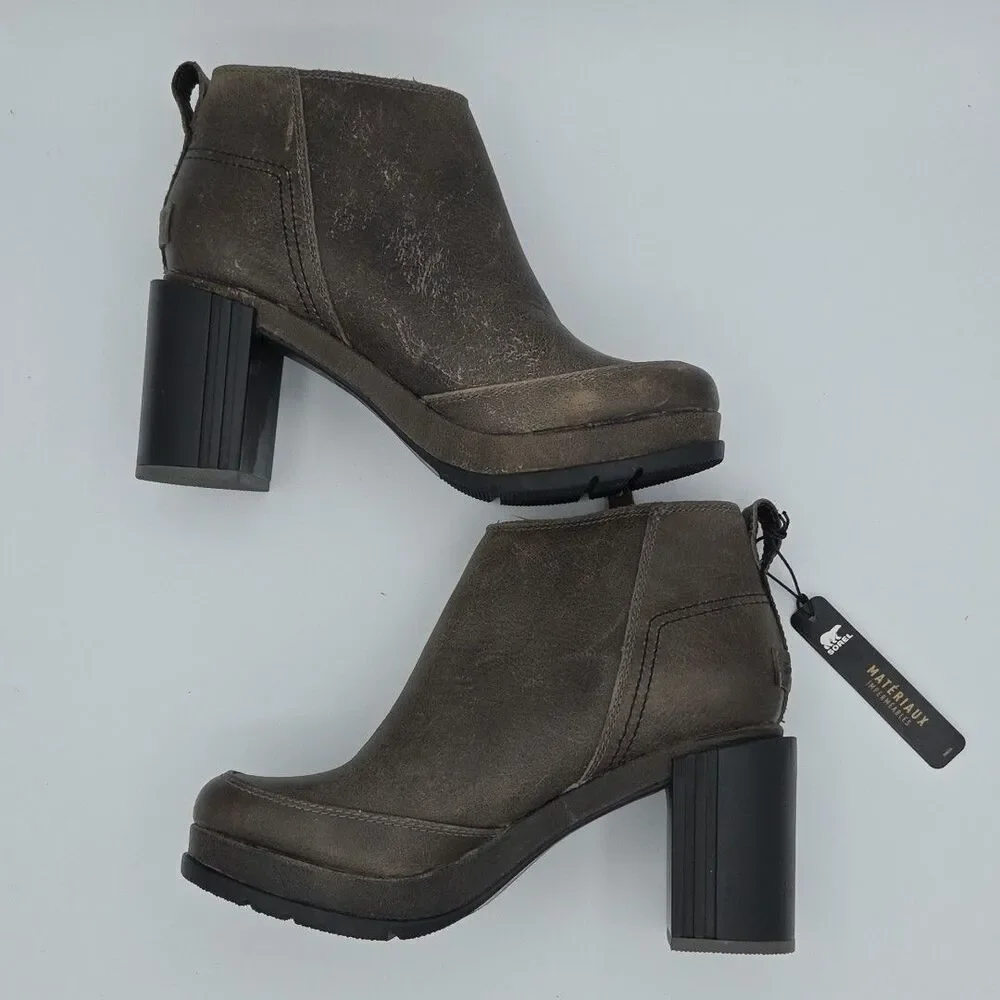 NWOB Sorel Blake Chunky Bootie Block Heel Quarry Gray Size 6.5 Side Zip Leather